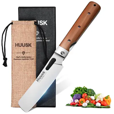 【Deals for You】Huusk Folding Nakiri Knife with 440C Stainless Steel Blade, Wood Handle, Portable Kitchen Knife for BBQ, Outdoor, Gift Box Cooking Cutting Utensils – Perfect Father's Day  Gift!,FallFreshness,Christmas Gift, Knives, Kitchenware, Stainless S
