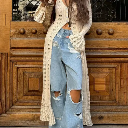 Women's Plain Hollow-Out Button-Front Lightweight Cardigan Sweaters, Elegant Chic Flounce-Sleeve Fitted Knitwear for Spring & Summer Daily Wear, Fashion Knit Clothing, Knitting Womenswear