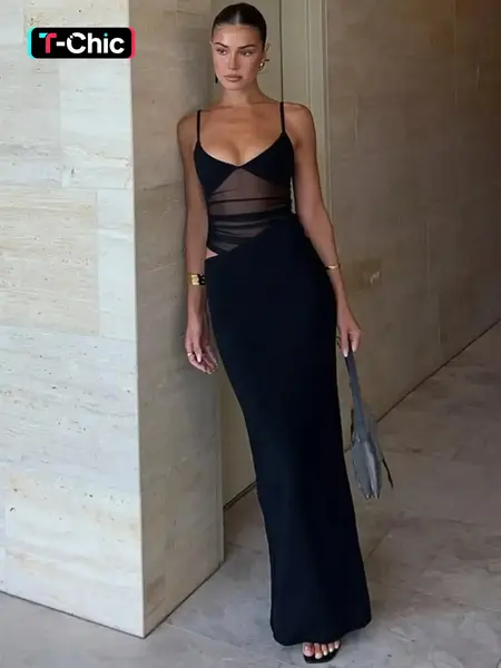 Women's Cut Out Sheer Mesh Cami Elegant Sleeveless Bodycon Dress, Womenswear Sexy Chic Statement Sleeveless Spaghetti Strap Dress for Party Club Dating Wear, Ladies Summer Clothes, Chic Sheer Gown