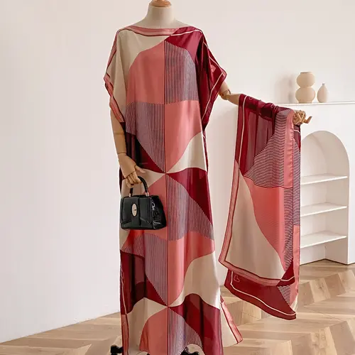 Women's Colorblock Print Long Scarf & Poncho Set, Casual Soft Comfortable Shawl for Beach Vacation, Beach Cover Up, Beachwear Cover Up, Swimwear Coverups, Swimsuit Coverups, Fashion Accessories for Women & Girls