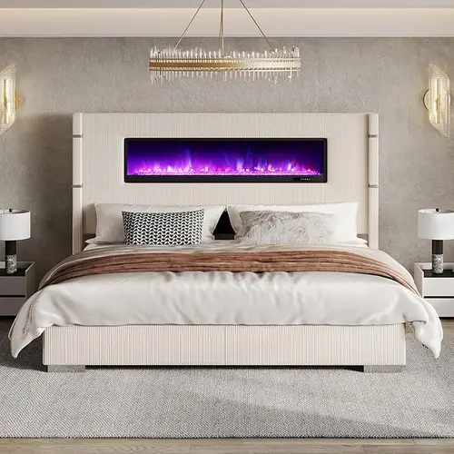 【Ships in 2 Boxes】AMERLIFE Modern Bed Frame with Fireplace, Wingback Platform Bed with 60.4“ Extra Tall Headboard, Corduroy Upholstered Bed Wooden Slats,Best Gift Ideas/Christmas Gifts, Unique Bedroom Furniture, Apartment Furniture #SohoChic