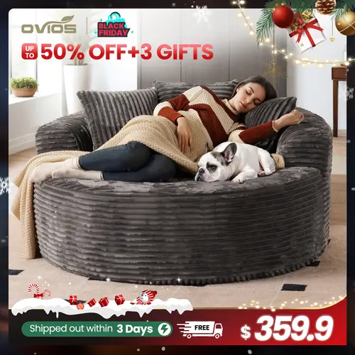 【SohoChic Sale】OVIOS 59" Oversized Round Sofa Bed, Plush Corduroy Bean Bag Lounge Chair with Deep Seat, Cloud Sleeper Couch with 3 Pillows, Comfy Floor Sofa for Living Room, Bedroom & Apartment, No Assembly Required