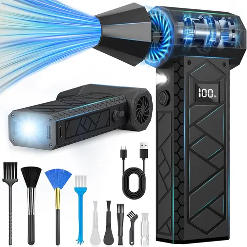 HSTOP Cordless Lithium Battery Blower - Compact Small Size Mini Portable Handheld Home Appliance Mini Fan with 4 Wind Speeds, LED Display, Focus Light, 10000mAh Built-in Cells, USB Port Rechargeable for Dust Cleaning, Outdoor Activities