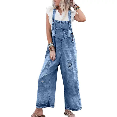 Imily Bela Women's Denim Overalls Casual Jumpsuits Loose Fit Adjustable Strap Distressed Bib Jeans Overall Jumpsuits