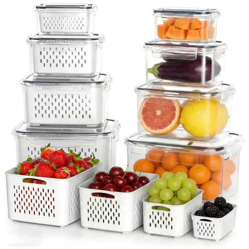 8-Pack Fridge Organization Refrigerator Organizer Containers - Bisphenol A (BPA)-Free, Leakproof with Colanders & Lids, 106ozx2 27ozx2 Food Hacks for Keeping Produce, Meat Fresh (Kitchen Utensils)
