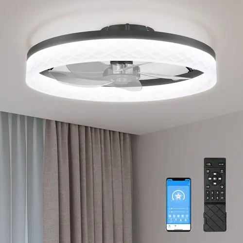 HYPERLITE Minimalist Scandinavian Flush Mount Ceiling Fan with Light - 19.7in, 6 Wind Speeds, Reversible DC Motor, Dimmable 3-CCT LED, Adjustable RGB Modern Mood Elegant Lighting, Remote (Batteries Included), for Bedroom, Kitchen, Black/White, Contemporar