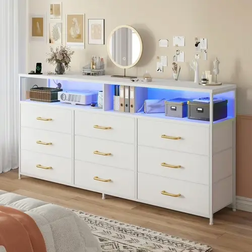 Raybee 55" Modern Dresser with 9 Fabric Drawers & LED Light,65 inch TV Stand with Built-in Power Outlet, Multifunctional Vanity Console & Entertainment Center for Living Room, Bedroom, Apartment, Smart Storage Organizer, Luxury Housewarming Gift for Women