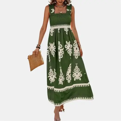 PRETTYGARDEN Women's Summer Boho Maxi Dress Casual Sleeveless Square Neck Floral A Line Smocked Beach Dresses with Pockets Bohemian 100% Polyester Machine Washable