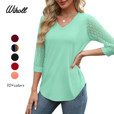 WIHOLL 3/4 Length Sleeve Womens Tops V-Neck Lace Tunic Tops Business Casual Blouses 2026 Elegant Womenswear, Women's Fashion, Tops For Women, Corporate Attire Women, Dressy Tops, Clothes For Women, Stylish Women's Wear,sohochic