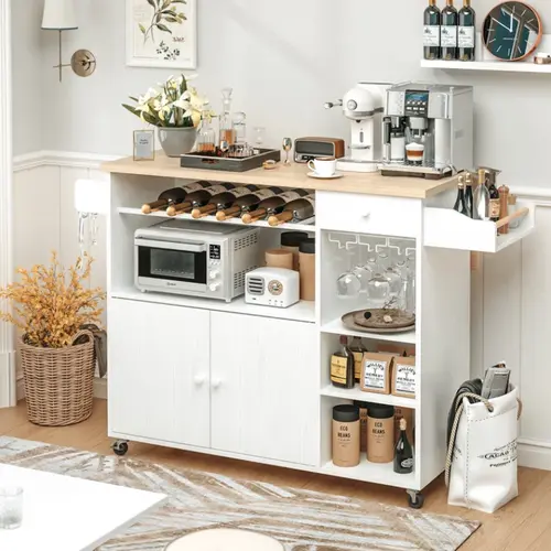 IRONCK Drop-Leaf Rolling Kitchen Island Serving Cart with Transport Wheels, 26.8" Foldout Top, Drawer, Wine Rack, Microwave Holder, Shelves, Spice Organizer, Cup Hang Storage for Kitchen Design & Home Decor Items