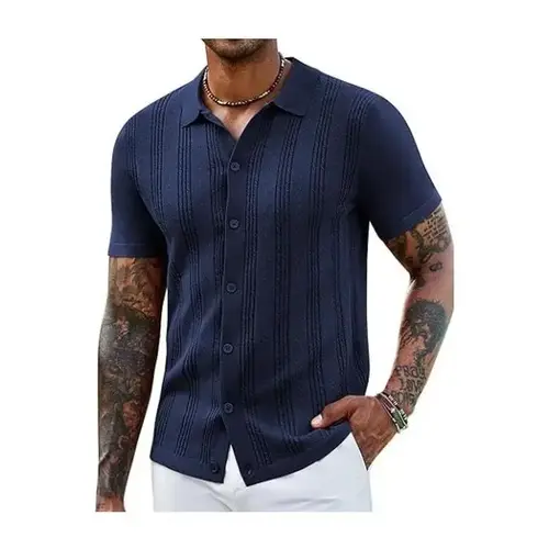 COOFANDY Men's Knit Shirts Short Sleeve Casual Button Down Polo Shirt Summer Beach Vacation Shirts Outfit Top