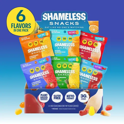 Shameless Snacks Vegan Chewy Gummy Candy Variety Pack - Gluten-Free, Keto-Friendly, High-Fiber, Low-Carb, No Refined Sugar, Real Fruit Flavor, Viral Cola Taste Fruity Sweets Gummies Bundle Box
