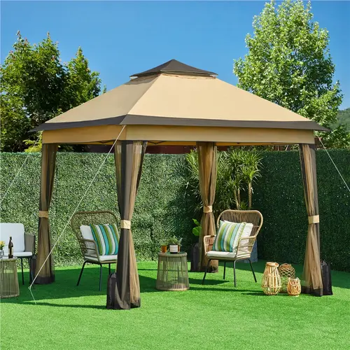Yaheetech Adjustable Sunshade Canopy Tent, Instant Pop-Up Patio Shelter with 4 Stable Sandbags, Double Tiers & Mesh Netting for Lawn, Backyard