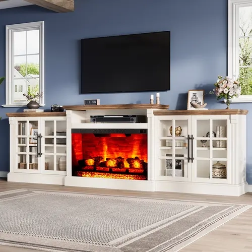 [Ships in Multiple Boxes] AMERLIFE 70"/97" Farmhouse Fireplace TV Stand, Entertainment Center with Large Storage Space and Adjustable Shelf, Media Console for Living Room/Best Gift Ideas/Christmas Gifts[tiktokshopbacktoschool][SohoChic]