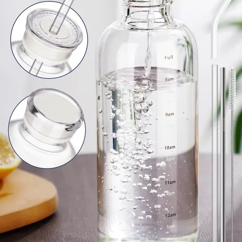 NiHome 25oz/750ml High Borosilicate Glass Water Bottle with 2 Caps, Stainless-Steel Straw & Straw Brush Clean, Portable Kitchenware Drinkware Tumbler, Water Bottles With Straw