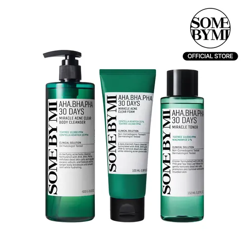 AHA-BHA-PHA Toner&Cleanser Set - Korean Skincare - Miracle Acne Clear Face Foam, Body Wash & Toner Bundle for Deep Pore Purifying & Acne Treatment