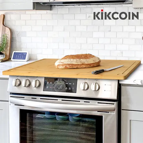 Kikcoin 4XL-5XL Extra Large Rectangular Bamboo Chopping Board - Stove & Gas Oven Top Burner Cover, Handle for Carry Ease, Juice Groove, Blade-Protecting Soft Build, Ideal for Cooking Prep & Serving Cheese/Bread, Washable Kitchen Gadget, Durable Chopping B