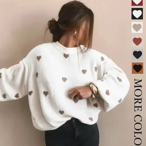 Women's Colorblock Heart Print Crew Neck Baggy Oversized Knitting Sweater, Casual Long Sleeve Jumper for Winter, Fashion Women's Knitwear for Daily Wear, Tops, Womenswear