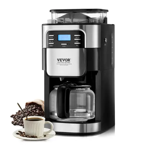 【toolupgrade】VEVOR 12-Cup Multi-Function Automatic Coffee Maker with Grinder, 3 Brew Strength Control, 24-Hour Auto Brew Timer, Simple Grind Adjustments Save Effort, Wake-to-Coffee Aroma for Home Office
