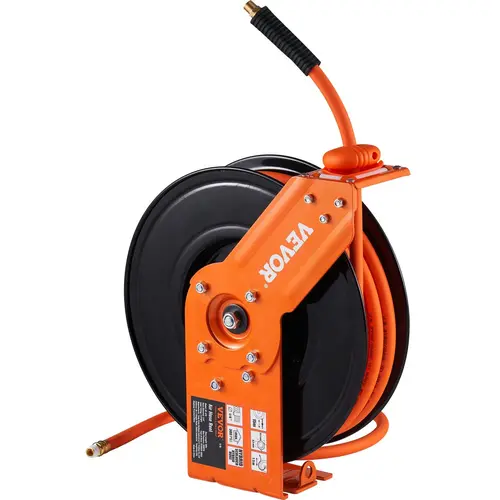 【toolupgrade】VEVOR Retractable Auto-Rewind Air Hose Reel with Double Stopper, Max 100 FT Kink-Free Hybrid Hose (300 PSI), 5 FT Lead-In, Heavy-Duty Single Arm Steel Ceiling/Wall Mount for Air Compressors