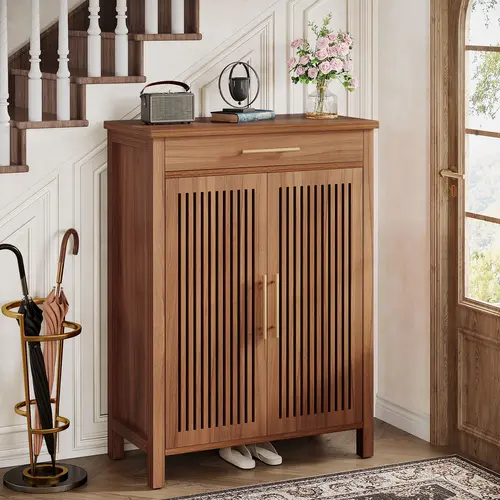 Tribesigns 5-Tier Shoe Cabinet with Louvered Doors, Adjustable Shelves, and Drawer for Freestanding Wooden Entryway, Hallway, and Closet Storage
