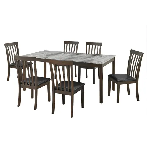 AMERLIFE 7-Piece Rectangular Dining Room Set - 71'' Marble Look Table & 6 Upholstered Solid Wood Brown Chairs, Indoor Furniture Set for 6 People