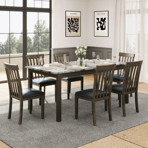 【Ships in 2 Boxes】AMERLIFE 7-Piece Dining Table Set with 6 Chairs,Modern Solid Wood Dining Table Set with 6 Upholstered Chairs,71'' Marble kitchen table&Chair Set for 6 People,Marble&Brown - Ships in 2 Boxes[tiktokshopbacktoschool][SohoChic]