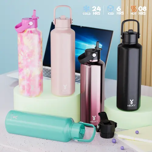 【Meoky】24oz Hexagonal Stainless Steel Insulated Flask Tumbler - Soft Silicone Handle, Multi-function Leakproof Non-slip Lid, 8h Warm/24h Cold Insulation, Floral Modern Design, Back to School Office Travel Insulated Travel Drinkware, Flasks, Water Bottles,