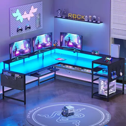 Sikaic L-Shaped Gaming Desk - Adjustable Metal Frame Computer Desk with LED Lights, Power Outlets, for Dual Monitor Setup, Work from Home, Office Use