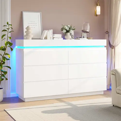 Sikaic Modern LED Bedroom Dresser with Charging Station - Outlets, USB Ports, App+Manual Control, RGB Led Lighting, Sliding Desktop, Rails, 6 Handle-Free Drawers - Chest of Drawers for Small Spaces, Space Organizing, Indoor Cabinet Furniture