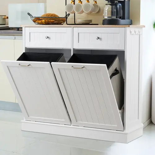 AHB Modern Freestanding Double Tilt-Out Trash Cupboard - MDF Wood Multifunctional Storage Cabinet with Sturdy Base, Hideaway Drawers, 2x13-Gal Pet-Proof Tilt-Out Bins, Microwave-Holding Top, Laundry & Kitchen Organization, #SohoChic