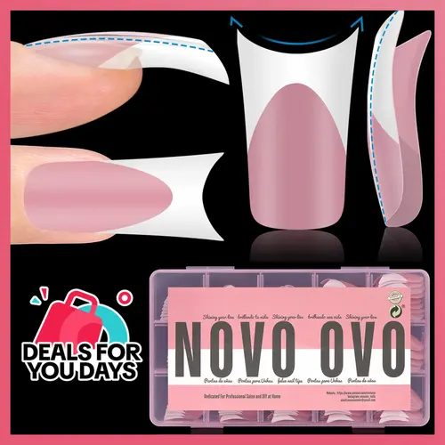 NOVO OVO White French Tip Medium Duck Press-On Nails, Full Cover Moon Curve Extra-Thick Pre-Etched Matte Flare Wide Soft Gel Acrylic Extensions (15 Sizes, 150 Pieces) for Nail Art Design, Includes Box (Does Not Include: Light, Glue, Builder Gel),sohochic