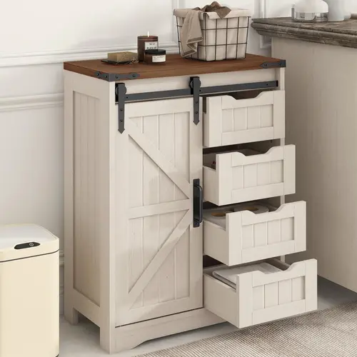 [SohoChic] Vabches Farmhouse Bathroom Floor Storage Cabinet, Cabinet with Drawer, Floor Storage Cabinet, Farmhouse Storage Cabinet for Bathroom, Home Office, Living Room, Rustic Style Cabinet