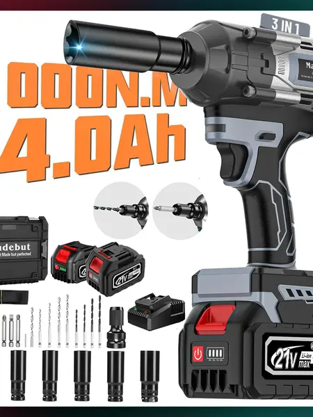 1000N.m Cordless Impact Wrench, All-Metal Cordless Impact Gun with 2 * 4.0Mah, 3-IN-1 Electric Impact Wrench with 5 Sleeves Power Tools toolupgrade