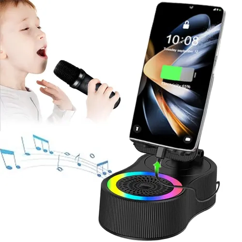 6-in-1 Portable Wireless Karaoke Machine & Party Speaker with Dual Microphones, LED Lights, Type-C Fast Charging, ABS Plastic, Bluetooth 5.3, FM, HD Bass, USB Support, Phone Holder Charger Stand (Phone Holders & Mounts) for Outdoor Use