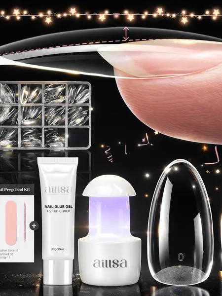 AILLSA 2.0 Built-in Curve Fit Clear Nail Tips Set, Mini UV Cure Lamp, 30g Strong Solid Nail Glue Medium Almond Full Cover Nail Extensions Thicker Acrylic Nails Pre-sculpted Press-On Nail gel x nail gift for Flat Nails TikTokShopBackToSchool sohochic, Nail