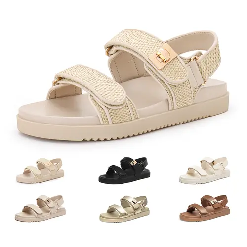 Women's Flat Sandals Comfort Adjustable Double Strap Slip on Leather Footbed Sandals Outdoorfun Footwear Soft Material Gold Tone Hardware Non Slip Outsole - Summervibes,back to school,back to school haul,sohochic