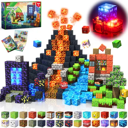 150 pcs Magnetic Blocks with 24 Light Blocks - Easter Toys for Kids, Boys and Girls, Magnetic Building Blocks Cubes, Stacking Magnets, Birthday Gifts for Boys and Girls Age 3+ Years Old Summervibes #backtoschool, Building Sets, Assembly Blocks Set,sohochi