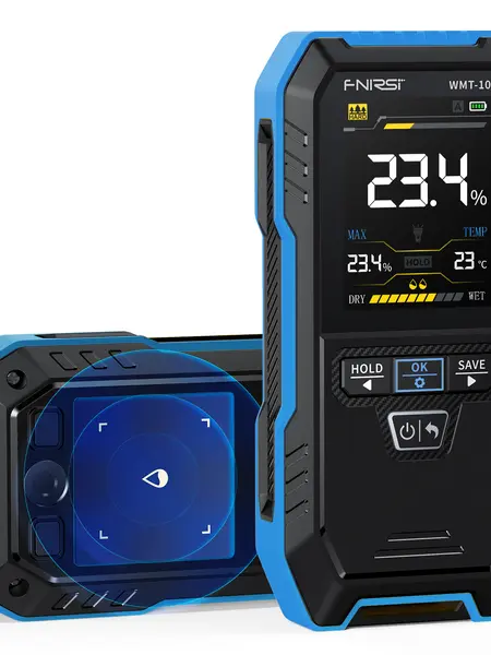 FNIRSI WMT-10 Pinless Wood Moisture Meter, 4-in-1 Wood Masonry Detector with Built-in 3.7Wh 1000mAh Li-ion Battery, 2.4-in Color Screen, Flashlight Assist, 0%-75% Range, 0.1% Read, 30 Sets Data Log, Pinless Test for Soft/Hardwood Levels Home Use,toolupgra