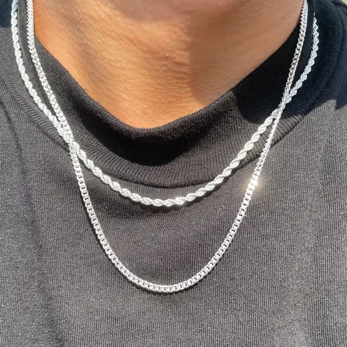 Tewiky Men's 2-Piece 3mm Layered Cuban Link & Rope Chain Necklaces Set, 18-28in Silver Adjustable Size Trendy Summer Stylish Jewelry, Cool Mens Gifts for Boyfriend & Unique Gifts for Man for Anniversary,sohochic