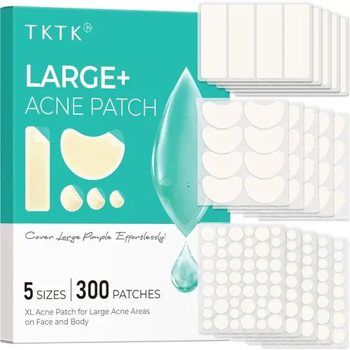 TKTK  Large Pimple Patches for Face(Strip, Contoured, Dot 5 Sizes 300 Count) , Acne Patches 60 x 20 mm, XL Hydrocolloid Bandages for Forehead,Chin,Full Face,Back,Neck and Body Skincare,acne clearing products,pimple patch #sohochic