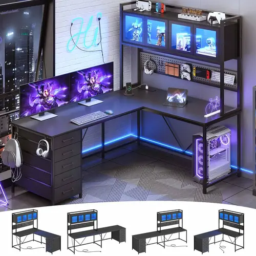 Sikaic Modern L-Shaped Gaming Desk - Reversible Adjustable Corner Desk with RGB LEDs, Hutch, Storage Drawers, Built-In USB Sockets, Wood Alloy & Steel Frame, Home Office Commercial Furniture