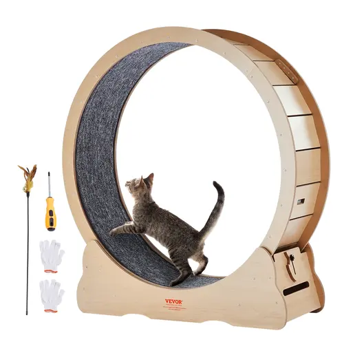【toolupgrade】VEVOR Wooden Cat Exercise Wheel, 43.3" Large Cat Treadmill Wheel for Indoor Cats, Cat Running Wheel with Detachable Carpet & Cat Teaser for Running/Walking/Training, Suitable for Most Cats Yellow