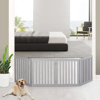 Segawe Indoor Wood Pet Gate Fence - 4 Panels, Gray, Easy Setup, Folding Frame, Freestanding, Solid MDF, for Home Entryway