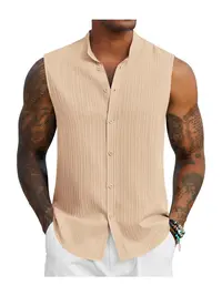 COOFANDY Mens Sleeveless Button Up Shirts Summer Beach Tank Tops Textured Tank Shirt for Vacation