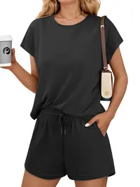 PINSPARK 2 Piece Sets for Women Summer Crewneck Matching Shorts Lounge Set with Pockets Casual Travel Outfits 2026 Trendy #SummerVibes summerwins,travel essentials,camping essentials sohochic