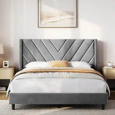 Yaheetech Full/Queen Platform Bed Frame - Modern Wingback Upholstered Diamond Tufted Headboard, Wooden Slat Support, No Box Spring Needed, Durable Construction, Easy Assembly, Stylish Bed Frame for Bedroom, Dorm Essentials & Home Decor