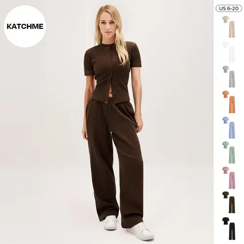 Katch Me Chic(US/CN)Women's Casual Solid Color Button-Up Short Sleeve Top & Wide Leg Trousers Co-ord, Comfy Two Piece Outfits, Basic Summer Womenswear