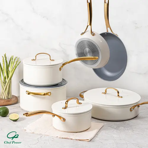 Chef Power Sunray 10pcs Golden Handle Ceramic Nonstick Cookware Set By Series Oven Safe Kitchen Dining Pan Pot Utility white aesthetic cookware Frying Summervibes summerwins