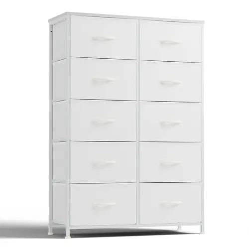 10-Drawer Tall Fabric Drawer Dresser - Vertical Cabinet Bedroom Furniture with Fabric Bins & Wood Top, Multi-Compartment Storage Solution for Bedroom Closet Organization, Drawer Dressers